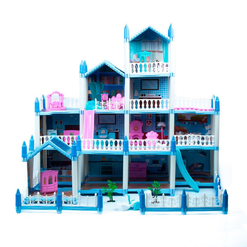 Casa-De-Muñecas-De-3-Pisos-Y--Altillo-Azul-Extra-Grande