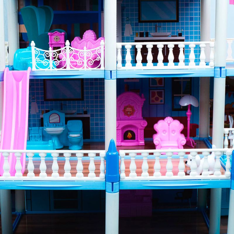 Casa-De-Muñecas-De-3-Pisos-Y--Altillo-Azul-Extra-Grande