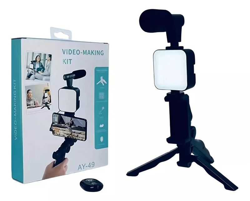 Kit-Para-Streaming-Vlogs-Tripode-Luz-Microfon-Palo-Selfies-Color-Negro