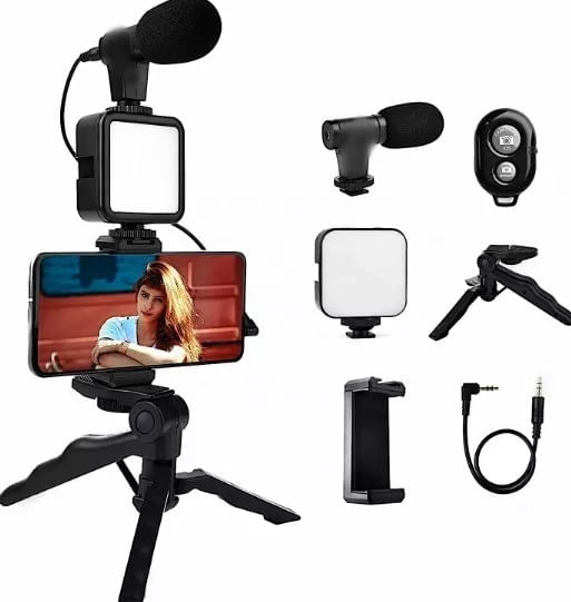 Kit-Para-Streaming-Vlogs-Tripode-Luz-Microfon-Palo-Selfies-Color-Negro