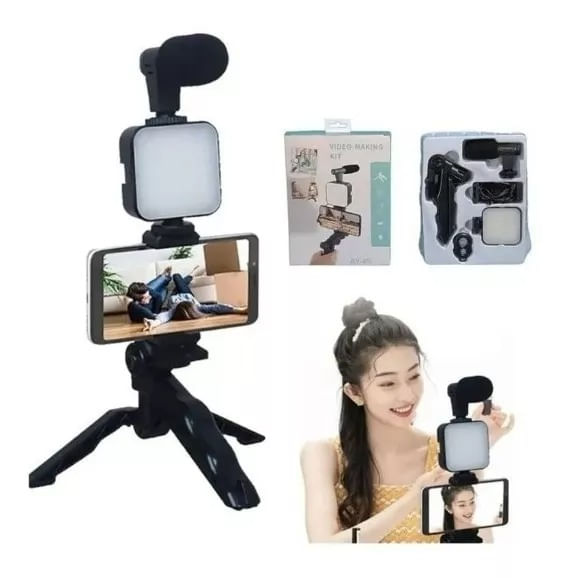 Kit-Para-Streaming-Vlogs-Tripode-Luz-Microfon-Palo-Selfies-Color-Negro